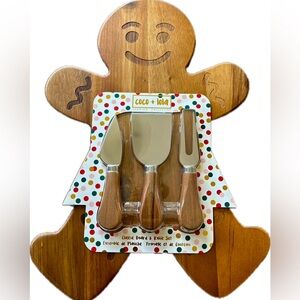 Gingerbread Charcuterie Cheese Board and Knife Set Acacia Wood NWT